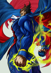  1boy absurdres ascot aura blue_bodysuit blue_cape blue_gloves blue_suit bodysuit brown_hair cape clenched_hand clenched_hands demitri_maximoff fire gloves glowing glowing_eyes green_fire highres long_sleeves male_focus manly minokichi_(arufooto25) muscular muscular_male red_cape simple_background solo standing suit two-tone_cape vampire western_comics_(style) yellow_eyes 