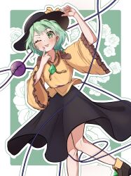  1girl :p ;p absurdres adjusting_clothes adjusting_headwear black_hat black_skirt commentary_request contrast_collar green_hair hat hat_ribbon highres kanitama1210 komeiji_koishi long_sleeves looking_at_viewer one_eye_closed ribbon shirt skirt solo third_eye tongue tongue_out touhou wide_sleeves yellow_ribbon yellow_shirt 