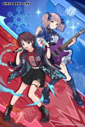  2girls artist_request bad_source belt black_boots black_hair black_ribbon black_shoes black_shorts black_socks blue_eyes blue_fire blue_hair blue_happi blue_jacket blue_nails blue_ribbon blue_socks blue_streaks blush boots bracelet breasts brown_hair colored_tips copyright_notice cropped_jacket earrings electric_guitar fire girls_band_cry glint guitar guitar_strap hair_ribbon highres hina_(girls_band_cry) holding holding_guitar holding_instrument holding_microphone instrument iseri_nina jacket jewelry kneehighs kuuhaku_to_catharsis licking_lips low_twintails medium_breasts microphone multicolored_hair multiple_girls nail_polish official_art open_clothes open_happi open_jacket open_mouth pink_hair red_shirt ribbon shirt shoes short_hair short_twintails shorts skirt socks streaked_hair teeth thigh_strap tongue tongue_out twintails upper_teeth_only white_belt white_shirt white_skirt 