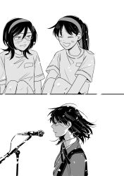  2girls :d blush commentary_request eyewear_on_head futsuu_no_keion-bu glasses guitar_strap gym_shirt gym_uniform hairband hatono_chihiro highres jacket kneeling kume_yuika medium_hair microphone microphone_stand multiple_girls neck_ribbon ponytail ribbon robomi round_eyewear shirt smile snowing 