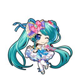  1girl :d animated animated_png ankle_ribbon aqua_eyes armlet bare_shoulders black_outline blue_bow blue_eyes blue_ribbon blue_shoes blush bow chibi chibi_only closed_mouth colored_petticoat dress flower full_body game_asset hair_bow hair_flower hair_ornament halter_dress halterneck hand_on_own_face hatsune_miku hatsune_miku_graphy_collection holding_own_dress jewelry leg_ribbon long_hair looking_at_viewer one_eye_closed open_mouth outline petticoat pink_bow purple_bow ribbon shoes smile solo standing standing_on_one_leg thigh-highs transparent_background twintails very_long_hair vocaloid white_thighhighs white_wrist_cuffs wrist_cuffs 