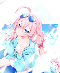  1girl absurdres ahoge bikini blue-tinted_eyewear blue_archive blue_eyes blue_halo blue_jacket blush breasts chen_yan collarbone commentary cowboy_shot double_v dutch_angle eyelashes eyewear_on_head frilled_bikini frills hair_between_eyes hair_bobbles hair_ornament halo hands_up heterochromia highres hoshino_(blue_archive) hoshino_(swimsuit)_(blue_archive) jacket long_hair looking_at_viewer low_twintails official_alternate_hairstyle open_clothes open_jacket open_mouth pink_hair simple_background sitting sleeves_past_wrists small_breasts solo sunglasses swimsuit tinted_eyewear tsurime twintails v very_long_hair water_drop wet white-framed_eyewear white_background white_bikini yellow_eyes 