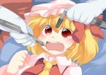  aenobas ascot blonde_hair blush bow bust close-up commentary commentary_request dentist drill drooling flandre_scarlet gloves hair_bow hammer_(sunset_beach) hat multiple_girls on_back open_mouth red_eyes short_hair side_ponytail tears touhou white_gloves yagokoro_eirin 