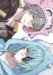  2boys anaxa_(honkai:_star_rail) anaxa_(whatsamatta)_(honkai:_star_rail) aqua_hair black_jacket blue_eyes caelus_(honkai:_star_rail) character_hat collarbone crossed_bangs dromas_(honkai:_star_rail) empty_eyes eyepatch gold_trim grey_hair hair_between_eyes hair_ornament hair_tubes half-closed_eyes hat hello_mem_world!_(honkai:_star_rail) highres honkai:_star_rail honkai_(series) hood hooded_jacket hoooooon1099 jacket lapels long_hair looking_at_viewer low_ponytail male_focus mem_(honkai:_star_rail) multicolored_eyes multiple_boys official_alternate_costume onesie open_clothes open_jacket open_mouth ponytail shirt short_hair simple_background single_hair_tube t-shirt teeth trailblazer_(honkai:_star_rail) two-sided_fabric two-sided_jacket upper_body violet_eyes white_background white_shirt yellow_eyes yellow_jacket 