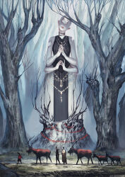  3others artist_name bare_tree black_robe commentary_request creature deer extra_hands fantasy forest giant head_tilt jewelry monokubo monster multiple_others nature necklace no_eyes original own_hands_together robe scenery size_difference tree walking 
