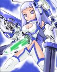  blue_eyes blue_hair breasts cleavage cleavage_cutout cockpit impossible_clothes large_breasts long_hair lowres mecha_musume no_pupils payot personification rvr-01_gauntlet solo t2 thigh-highs thighhighs thunder_force 