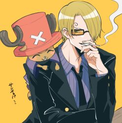  2boys ^_^ antlers black_suit blue_nose blue_shirt blush cigarette closed_eyes commentary_request cross curly_eyebrows facial_hair goatee hair_over_one_eye hao_(ohao52) hat horns male_focus multiple_boys one_piece pink_hat reindeer_antlers sanji_(one_piece) shirt simple_background smile smoke suit sunglasses tony_tony_chopper yellow_background 
