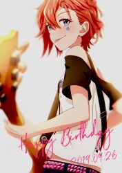  1girl :p black_sleeves blue_eyes blurry closed_mouth dated depth_of_field facial_mark from_side guitar guitar_strap happy_birthday highres holding holding_guitar holding_instrument idolmaster idolmaster_million_live! instrument jirion julia_(idolmaster) looking_to_the_side red_hair shirt short_hair short_sleeves simple_background solo star_(symbol) star_facial_mark tongue tongue_out turning_head upper_body white_background white_shirt 