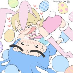  1boy 1girl animal_costume animal_ear_hairband animal_ears b-daman b-daman_bakugaiden blonde_hair blue_bomber_(b-daman) blush bomberman bomberman_b-daman_bakugaiden bow bowtie commentary_request easter_egg egg elbow_gloves fake_animal_ears fake_tail fur-trimmed_gloves fur_trim gloves hairband heart horubi_non leotard oc_x_canon open_mouth original pink_bow pink_bowtie pink_gloves pink_leotard pink_thighhighs playboy_bunny rabbit_costume rabbit_ears rabbit_tail saliva strapless strapless_leotard sweat tail thigh-highs 