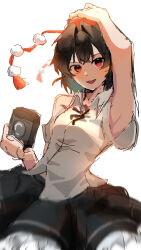  1girl absurdres armpits black_hair black_skirt camera commentary_request highres holding holding_camera looking_at_viewer nuri_kabe open_mouth pom_pom_(clothes) red_eyes shameimaru_aya shirt short_sleeves skirt touhou white_shirt 