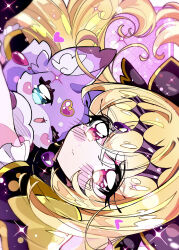  1girl antenna_hair black_capelet black_dress blush brooch capelet commentary_request cure_arcana_shadow diamond_hairband dress fairy_wings frilled_capelet frills hair_intakes heart heart_brooch highres hug jewelry looking_at_viewer magical_girl mashu-tan meitantei_precure! mizunonononono moria_luluka one_eye_closed open_mouth precure purple_veil rotated smile veil wings 
