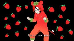  1girl aqua_eyes black_background black_hair clenched_hands closed_mouth commentary derivative_work drawstring english_commentary english_text food food-themed_clothes fruit hakos_baelz hakos_baelz_(strawberry_onesie) highres hololive hololive_english hood hood_up legs_apart long_sleeves mouse_girl mouse_tail multicolored_hair official_alternate_costume onesie parody red_hair ribbon scene_reference smile solo split_mouth standing strawberry tail tail_ornament tail_ribbon talis397153 virtual_youtuber white_hair yuruyuri 