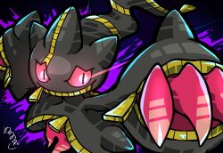 banette claws colored_teeth commentary_request full_body glowing glowing_eyes highres looking_at_viewer mega_banette mega_pokemon meruru_gu no_humans pink_eyes pokemon pokemon_(creature) pokemon_focus purple_background reaching reaching_towards_viewer simple_background smile solo standing yellow_teeth zipper_pull_tab 