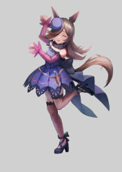  1girl animal_ears aoniyoshi bare_shoulders black_shoes black_thighhighs blue_dress blue_flower blue_hat blue_rose blush breasts brown_hair closed_eyes commentary_request dagger dress flipped_hair flower full_body fur_choker hair_over_one_eye hat hat_flower highres horse_ears horse_girl horse_pose horse_tail knife long_hair long_sleeves off-shoulder_dress off_shoulder open_mouth rice_shower_(rosy_dreams)_(umamusume) rice_shower_(umamusume) rose sheath sheathed shoes simple_background small_breasts smile solo standing standing_on_one_leg tail thigh-highs tilted_headwear umamusume weapon 