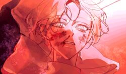  1boy absurdres alien_stage beaten blonde_hair blood commentary hani66233823387 highres luka_(alien_stage) male_focus nosebleed parted_lips short_hair solo very_short_hair yellow_eyes 
