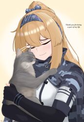  1girl absurdres alternate_costume artist_name black_gloves blonde_hair blue_bow blue_hairband bow breasts camouflage camouflage_cloak cat closed_eyes closed_mouth commentary crossed_arms elbow_gloves english_commentary english_text fingerless_gloves girls'_frontline_2:_exilium girls_frontline gloves grey_cat hair_bow hair_tie hairband highres hug hug_from_behind jacket long_hair mr.something ponytail short_sleeves sidelocks simple_background smile solo sv-98_(girls'_frontline) sv-98_(mod3)_(girls'_frontline) teardrop upper_body urban_camouflage white_jacket 