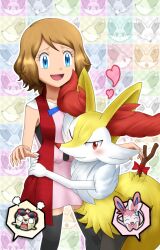  1other 3girls animal_ear_fluff animal_ears animal_nose black_fur black_thighhighs blue_eyes blue_ribbon blush body_fur braixen breasts brown_hair commentary_request dress fox_ears fox_girl fox_tail furry furry_female hair_between_eyes happy highres light_blush long_hair looking_at_viewer looking_back medium_breasts multicolored_fur multiple_girls open_mouth pancham pokemon pokemon_(anime) pokemon_(creature) pokemon_the_series:_xy pokemon_x_and_y red_eyes ribbon serena_(pokemon) sleeveless sleeveless_dress smile solo sylveon tail thigh-highs very_long_hair white_fur yellow_fur zeki231 