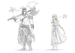  1boy 1girl abs aged_down alternate_universe armor arrow_(symbol) axe barefoot black_dress black_hair blonde_hair bracelet bracer braid chain chibi chibi_inset circlet collarbone commentary double-parted_bangs dress elden_ring full_body gold_bracelet gold_circlet hair_between_eyes hammer hand_on_own_arm headband highres hoarah_loux holding holding_hammer jewelry kilt leg_wrap long_braid muscular muscular_male over_shoulder parted_lips pauldrons queen_marika_the_eternal scar scar_on_face shoulder_armor single_pauldron standing topless_male twin_braids weapon weapon_over_shoulder white_background yellow_eyes yuuii_bebrave 