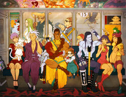  4boys 5boys 5girls 6+girls animal anita_(darkstalkers) ankle_wrap b.b._hood beanie bird bishamon_(darkstalkers) black_hair blonde_hair blue_skin boots braid brown_hair bus cat chinese_clothes colored_skin commentary company_connection crop_top crossed_legs crossover dark_skin darkstalkers demitri_maximoff donovan_baine dress english_commentary everyone fingerless_gloves gingashi gloves green_hair guitar hat hsien-ko huitzil_(darkstalkers) instrument jedah_dohma jewelry jon_talbain lilith_(darkstalkers) long_hair lord_raptor mei-ling_(darkstalkers) midriff monkey morrigan_aensland motor_vehicle multiple_boys multiple_crossover multiple_girls muscular neck_ring ninja poster_(object) purple_hair rikuo_(darkstalkers) sandals short_hair siblings sisters sitting skull subway subway_station sunglasses sword train_interior twin_braids very_dark_skin weapon white_hair zombie 
