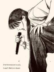  1girl bead_bracelet beads bent_over black_hair bracelet closed_eyes english_text greyscale highres holding holding_microphone jewelry long_hair microphone monochrome original singing solo tp_p_pt 
