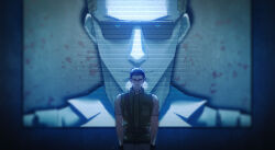  2boys albert_wesker blood blood_splatter chris_redfield cowboy_shot highres imagine_(imagine7243618) male_focus multiple_boys muscular muscular_male resident_evil resident_evil_5 screen shirt smirk sunglasses t-shirt vest 
