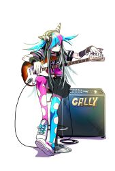  1girl amplifier aqua_hair aqua_streaks asymmetrical_legwear black_hair black_sailor_collar black_skirt closed_mouth collared_shirt danganronpa_(series) danganronpa_2:_goodbye_despair elbow_gloves electric_guitar eyelashes fingerless_gloves fingernails full_body gloves guitar hair_horns highres holding holding_guitar holding_instrument instrument long_hair mioda_ibuki mismatched_legwear mismatched_shoelaces mismatched_thighhighs multicolored_gloves multicolored_hair neckerchief nk_ndr_bu pink_eyes pink_hair pink_neckerchief pink_streaks sailor_collar scrunchie shirt shoelaces shoes short_sleeves simple_background single_elbow_glove single_fingerless_glove sitting skirt solo streaked_hair striped_clothes striped_gloves thigh-highs torn_clothes torn_thighhighs tuning_instrument two-tone_gloves white_background white_hair white_shirt white_shoes wrist_scrunchie 