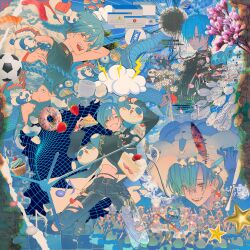  1other absurdly_detailed_composition absurdres ahoge album_cover aqua_hair artist_request ball battery_indicator black_jacket black_nails black_pants black_shirt black_shoes blue_background blue_eyes blue_gloves blue_hair blue_rope blush bottle braid broken_mask cake cake_slice chef_hat clouds commentary_request controller cover cup cupcake digital_dissolve doughnut dragon ear_piercing earrings eastern_dragon eating fish_(food) flower flower_request food food_on_face fork fruit game_controller gloves hat highres holding holding_bottle holding_cake holding_flower holding_food holding_fork holding_knife holding_scissors instrument jacket jewelry knife lightning_bolt_symbol long_bangs long_hair long_sleeves mask microphone microphone_stand midriff multiple_piercings multiple_views musical_note nail_polish navel nigirizushi nijisanji official_art other_focus panda panda_mask pants petals piercing pink_flower pink_petals red_eyes removing_mask rope ryuushen ryuushen_(12th_costume) ryuushen_(3rd_costume) scissors second-party_source shamisen shirt shoes short_hair sign single_braid single_earring sleeveless sleeveless_shirt smoke soccer_ball star_(symbol) strawberry strawberry_shortcake sushi tanuki tassel tassel_earrings tokkuri torn_clothes torn_pants virtual_youtuber warning_sign white_flower window_(computing) wormhole 