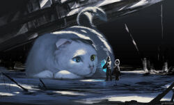  2others ambiguous_gender animal artist_name blue_eyes cat coat commentary_request crystal heterochromia holding holding_crystal monokubo multiple_others original oversized_animal rubble snow whiskers white_cat yellow_eyes 