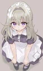  1girl apron black_dress blonde_hair commentary_request dress enmaided hair_intakes highres light_blush long_hair looking_at_viewer looking_up maid maid_apron maid_day maid_headdress meitantei_precure! moria_luluka ninie precure solo violet_eyes white_apron 