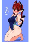  animal_ears barefoot braid cat_ears cat_tail competition_swimsuit highres kaenbyou_rin kneeling kyokutou_hentai_samurai kyokutouhentaiji one-piece_swimsuit red_eyes red_hair redhead solo swimsuit tail touhou wet 