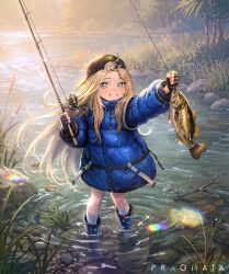  1girl absurdres animal arm_up backlighting backwards_hat baseball_cap bass_(fish) black_gloves black_hat black_trim blonde_hair blue_boots blue_coat blush boots coat commentary_request copyright_logo dawn diana_(pragmata) dot_nose fingerless_gloves fish fishing fishing_line fishing_rod floating_hair foliage full_body gloves green_eyes grin hat hat_ornament highres holding holding_animal holding_fish holding_fishing_rod kneehighs leaf lens_flare logo long_hair long_sidelocks looking_at_viewer loose_hair_strand na+ nature open_mouth outdoors padded_coat parted_bangs plant pragmata puffy_coat puffy_sleeves raised_eyebrows reeds ripples river riverbank rock rubber_boots sidelocks smile socks solo standing star_(symbol) star_hat_ornament stick sunlight sunrise tree very_long_hair wading water water_drop white_socks zipper 