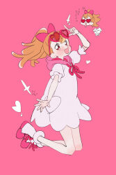  1girl 35kawaiiprpr boots brown_hair commentary_request dress eyewear_on_head full_body heart heart-shaped_eyewear highres hooded_dress inukai_komugi long_hair looking_at_viewer pink_background pink_dress ponytail precure puffy_short_sleeves puffy_sleeves red_eyes short_sleeves simple_background smile wonderful_precure! 