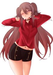 1girl absurdres breasts brown_hair commentary cosplay flower-shaped_pupils genshin_impact hair_between_eyes highres hu_tao_(genshin_impact) long_hair looking_at_viewer midriff navel notporred red_eyes red_shirt shirt simple_background solo symbol-shaped_pupils takahashi_rie thighs voice_actor_connection white_background