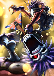  1boy absurdres barefoot blue_skin claws colored_skin darkstalkers denim electric_guitar fangs fingerless_gloves fingernails gloves guitar highres holding holding_instrument instrument jeans lens_flare lord_raptor male_focus minokichi_(arufooto25) monster multiple_boys muscular open_mouth pants playing_instrument purple_hair red_eyes shorts solo spikes spiky_hair sunburst teeth topless_male torn_clothes torn_pants torn_shorts union_jack zombie 