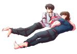  barefoot black_eyes black_hair brown_eyes brown_hair casual cccbast collaboration emiya_kiritsugu fate/stay_night fate/zero fate_(series) kotomine_kirei male multiple_boys necktie sanada_(pixiv) sanada_(teketo) suspenders t-shirt tight_shirt 