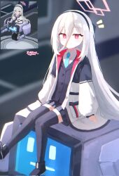  1girl artist_name black_bow black_hairband black_shoes black_skirt black_thighhighs black_vest blue_archive blue_necktie blush bow commentary full_body game_screenshot_inset hair_between_eyes hair_bow hairband halo highres jacket kei_(amas)_(blue_archive) kei_(blue_archive) kei_(new_body)_(blue_archive) l4zaruu long_hair_between_eyes looking_at_viewer multicolored_jacket necktie rectangular_halo red_eyes red_halo ringed_eyes robot school_uniform screenshot_inset shoes sitting skirt smile solo thigh-highs two-tone_jacket vest white_hair zettai_ryouiki 