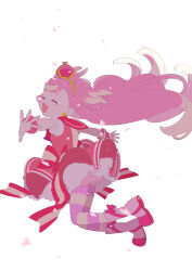  1boy 35kawaiiprpr absurdres boots butterfly_earrings closed_eyes crown cure_wonderful dress earrings facing_viewer full_body highres inukai_komugi jewelry long_hair magical_girl multicolored_hair pantyhose petticoat pink_dress pink_hair pleated_dress precure puffy_short_sleeves puffy_sleeves short_sleeves simple_background smile solo striped_clothes striped_pantyhose two-tone_hair two_side_up very_long_hair white_background wonderful_precure! wrist_cuffs 