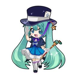  1girl aqua_hair arm_up black_hat black_jacket black_outline blue_dress blue_eyes blush boots bow chibi chibi_only dress dress_bow full_body game_asset gloves gradient_hair green_hair hat hat_ornament hatsune_miku hatsune_miku_graphy_collection holding holding_wand jacket knee_boots long_hair looking_at_viewer magical_mirai_miku magical_mirai_miku_(2013) multicolored_hair open_clothes open_jacket open_mouth outline playing_card_hat_ornament puffy_short_sleeves puffy_sleeves short_sleeves solo spade_(shape) standing standing_on_one_leg star_(symbol) star_hat_ornament top_hat transparent_background twintails very_long_hair vocaloid wand white_boots white_gloves 