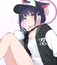  1girl absurdres animal_ears baseball_cap black_choker black_hair black_jacket blowing_bubble_gum blue_archive blunt_bangs blush cat_choker cat_ears chewing_gum choker collarbone colored_inner_animal_ears colored_inner_hair commentary earphones ears_through_headwear extra_ears from_below gradient_background hair_ornament hairpin halo hand_on_own_face hat highres jacket kazusa_(blue_archive) knees_up kurumi_kororin letterman_jacket long_sleeves multicolored_hair multicolored_jacket musical_note on_floor open_clothes open_jacket pink_hair pink_halo puffy_long_sleeves puffy_sleeves red_eyes scoop_neck shirt sidelocks solo two-tone_jacket upper_body white_shirt white_sleeves 