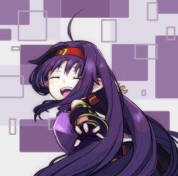  1girl :d ^_^ abstract_background armor bare_shoulders belt breastplate breasts closed_eyes commentary_request detached_sleeves facing_viewer fingerless_gloves floating_hair gloves hair_ribbon leotard long_hair long_sleeves messy_hair nemu_(46_2367teimei) outstretched_arms pointy_ears purple_armor purple_background purple_gloves purple_hair purple_leotard purple_skirt purple_sleeves red_belt red_ribbon ribbon sidelocks skirt small_breasts smile solo spread_arms sword_art_online upper_body white_background yellow_trim yuuki_(sao) 