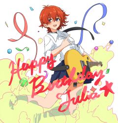  1girl \m/ blue_eyes blue_skirt breasts character_name collared_shirt confetti guitar happy_birthday highres holding holding_guitar holding_instrument idolmaster idolmaster_million_live! instrument jirion julia_(idolmaster) jumping looking_to_the_side miniskirt open_mouth pleated_skirt red_hair shirt short_hair sideways_glance skirt solo streamers white_background white_shirt 