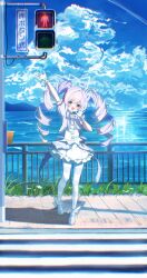  1girl absurdres arm_up blue_archive blue_sky blush bow clouds cloudy_sky commentary drill_hair full_body gloves halo highres jacket long_hair looking_at_viewer multicolored_hair ocean official_alternate_costume official_alternate_hairstyle open_mouth pantyhose petticoat pink_hair purple_bow purple_hair purple_jacket purple_skirt reisa_(blue_archive) reisa_(magical)_(blue_archive) seori_0u0 shoes short_sleeves skirt sky solo striped_clothes striped_pantyhose twin_drills two-tone_hair very_long_hair violet_eyes white_gloves white_halo white_pantyhose 