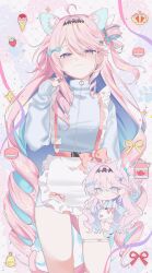  1girl absurdres ahoge alternate_costume animal_ears apron blue_hair blue_jacket breasts cat_ears cat_girl cat_tail chibi chibi_inset closed_mouth colored_inner_hair colorful_background commentary denia_(wuthering_waves) gradient_hair hair_between_eyes hair_ornament hand_up highres jacket jersey_maid kemonomimi_mode lemonisblue light_blush long_hair long_sleeves maid medium_breasts multicolored_hair pink_hair smile tail thigh_strap unconventional_maid untranslatable_commentary violet_eyes wuthering_waves 