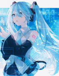  1girl beamed_eighth_notes beamed_sixteenth_notes black_skirt black_sleeves blue_eyes blue_hair blue_nails blue_necktie blush collared_shirt commentary_request detached_sleeves dot_nose eighth_note floating_hair frilled_shirt frills grey_shirt hair_between_eyes hair_ornament hatsune_miku headphones headset highres karakishi7 long_hair long_sleeves looking_ahead musical_note musical_staff nail_polish necktie number_tattoo open_mouth pleated_skirt quarter_note raised_eyebrows shirt shoulder_tattoo sidelocks skirt sleeveless sleeveless_shirt solo tattoo treble_clef twintails untucked_shirt upper_body very_long_hair vocaloid watermark wide_sleeves wing_collar 