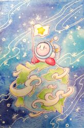  absurdres black_eyes closed_mouth clouds commentary copy_ability flag helmet highres holding holding_flag kirby kirby_(series) kirby_and_the_forgotten_land nerikesikone2 no_humans on_mini_planet outdoors planet ranger_kirby smile solo space space_helmet space_ranger_kirby standing star_(sky) star_(symbol) 