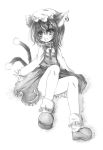  animal_ears blush cat_ears cat_tail chen dress fang hat jewelry kurona monochrome multiple_tails open_mouth ribbon short_hair simple_background single_earring sitting sketch smile solo tail touhou traditional_media white_background 