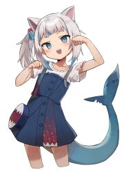  1girl animal_ears bag blue_dress blue_eyes blue_hair blush bongnom cat_ears commentary_request cropped_legs cube_hair_ornament dress fins fish_tail gawr_gura gawr_gura_(casual) hair_ornament highres hololive hololive_english multicolored_hair open_mouth paw_pose shark_tail sharp_teeth shirt short_sleeves side_ponytail simple_background sleeveless sleeveless_dress solo tail teeth virtual_youtuber white_background white_hair white_shirt 