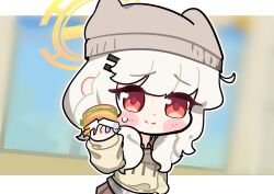  1girl akichan_205 aoba_(blue_archive) beanie blonde_hair blue_archive blush burger chibi earflap_beanie food food_wrapper grey_hat hair_ornament hairclip halo hat highres holding holding_burger holding_food long_hair looking_at_viewer orange_halo red_eyes solo 