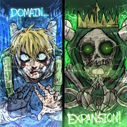 1boy black_gloves blonde_hair blood blue_eyes blue_shirt crown domain_expansion finn_the_human gloves highres hood hood_up horns izanagioooz jujutsu_kaisen lich lich_(adventure_time) nosebleed open_mouth shirt skeletal_arm skeletal_hand skeleton 