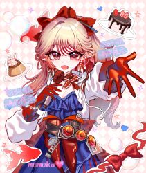  1girl absurdres arknights atai_(56874442) belt blonde_hair bow bubble cake chinese_commentary commentary_request dress food frilled_dress frills gloves goggles haruka_(arknights) heart heterochromia highres large_bow long_hair microphone open_mouth pudding red_eyes red_gloves red_hair smile 